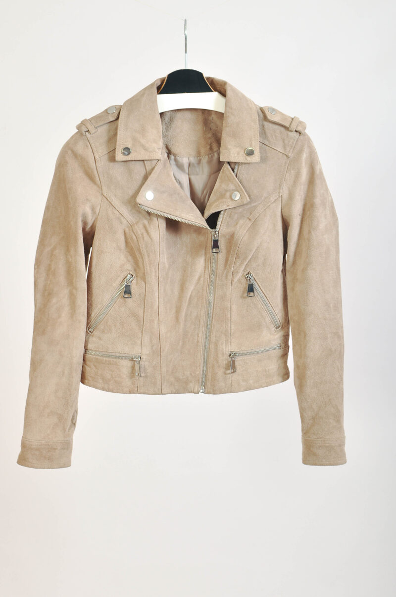 Vintage 00s Suede Leather Biker Jacket in Beige