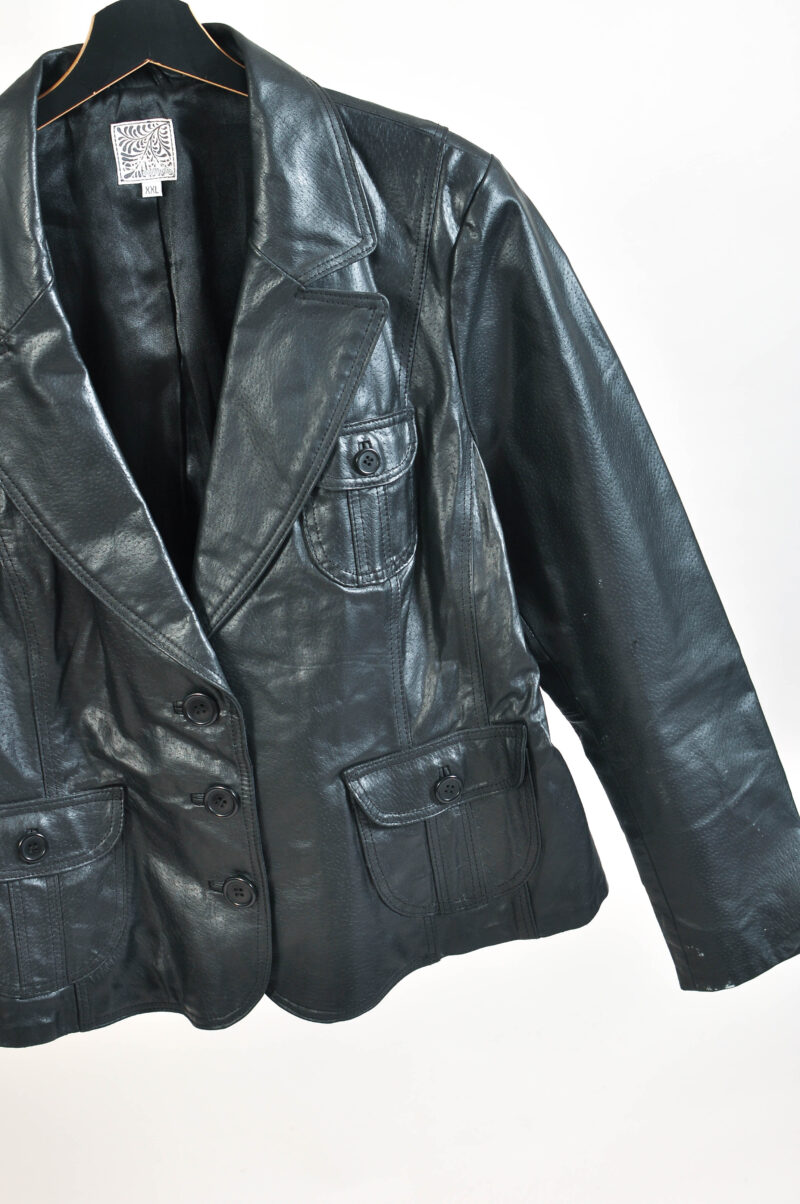 Vintage 00s Real Leather Blazer Jacket in Black - Image 5
