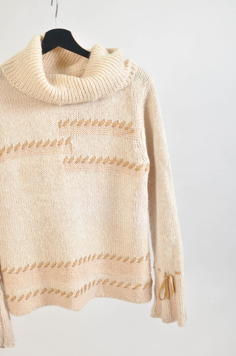 Vintage 00s Beige Turtleneck Jumper with Leather Details | S-M - Image 3