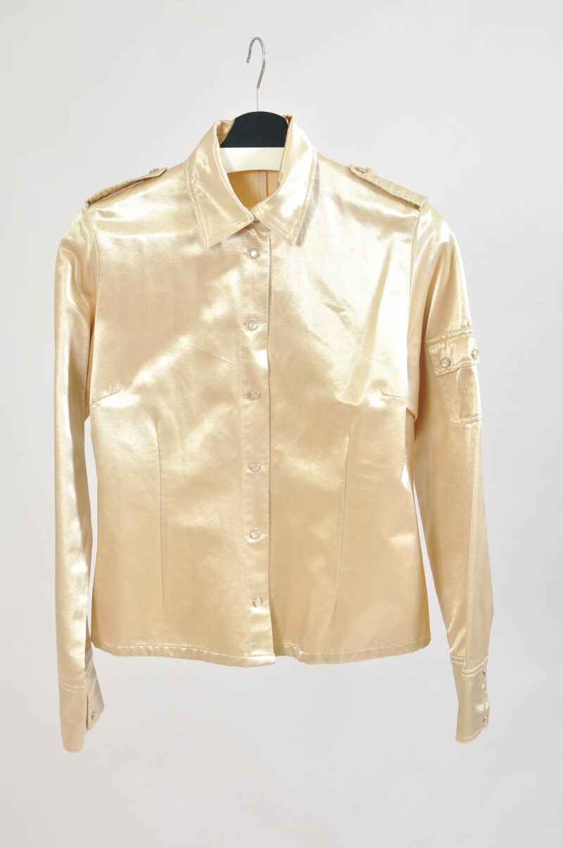 Vintage 00s Gold Shirt | Y2K Metallic Blouse | Size M–L