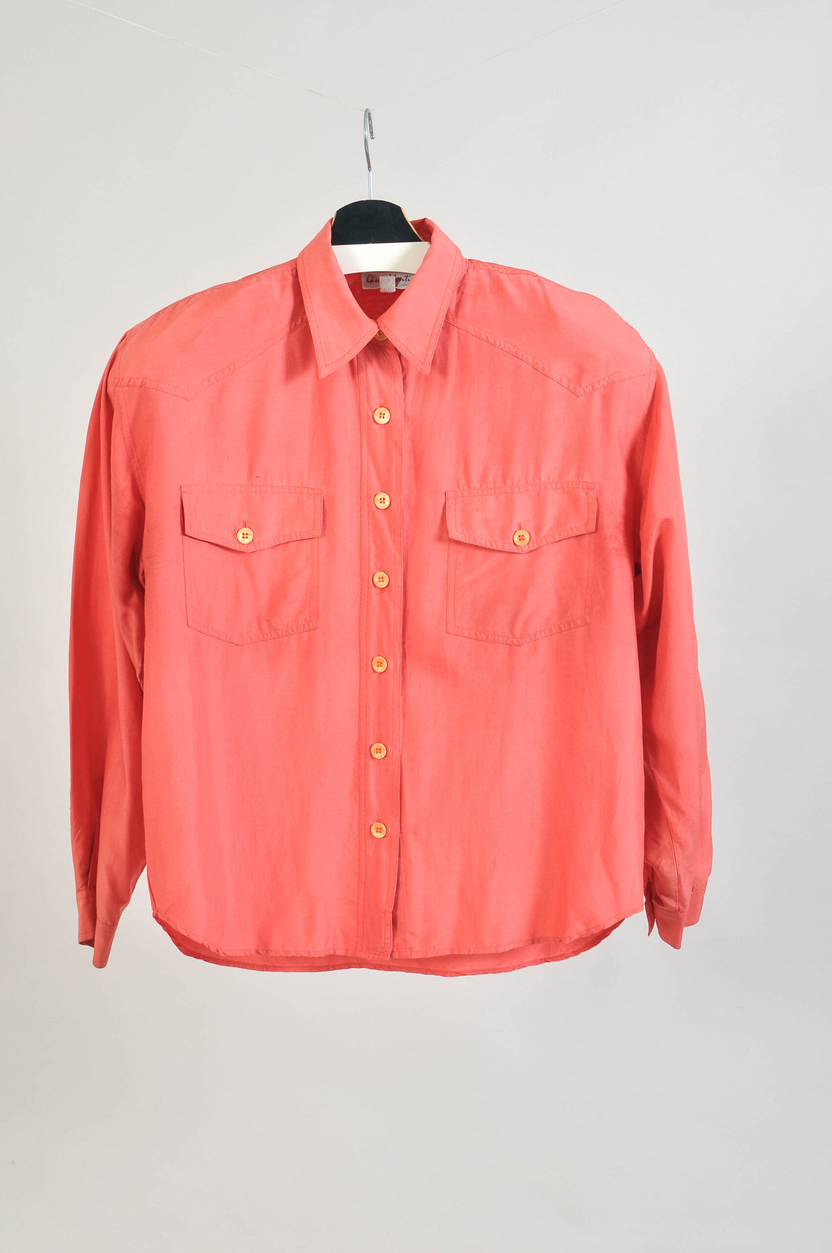 Vintage 90s Pink Silk Blouse with Shoulder Pads – Size L