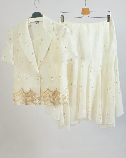 Vintage 00s Off-White Chiffon Skirt Suit Co-Ords – Size 40