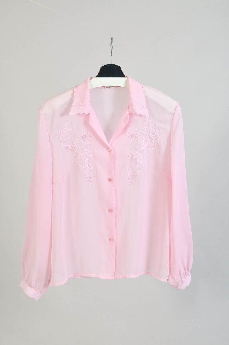 Vintage 80s Light Pink Polyester Blouse – Size 44
