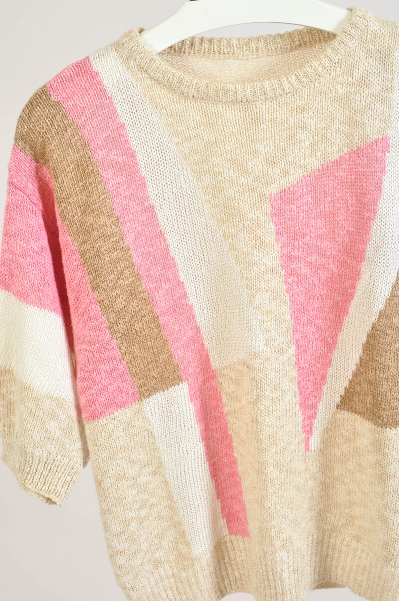 Vintage 80s Light Pastel Knitted Short Sleeve Top – M/L - Image 3