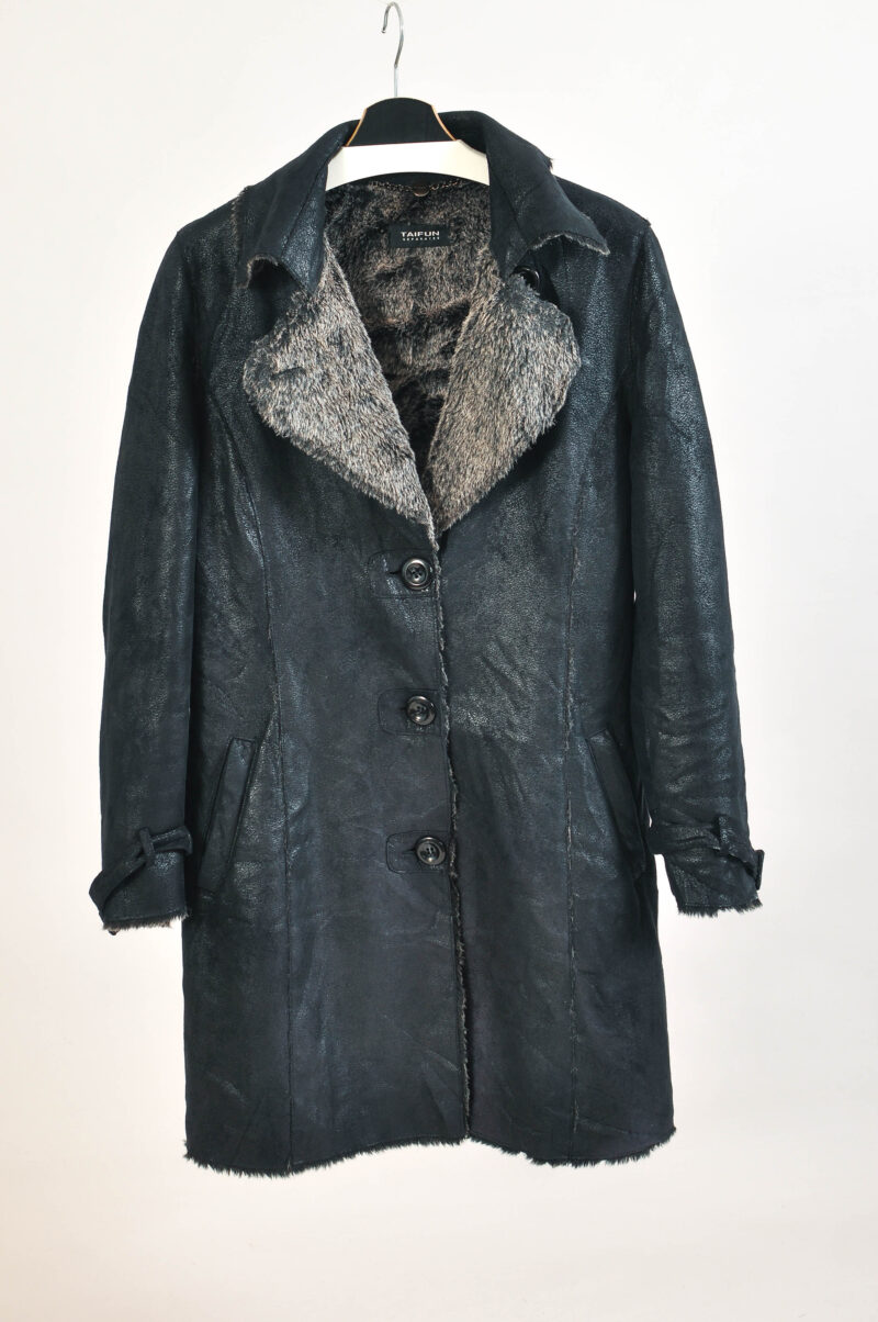 Vintage 00s Black Faux Fur & Faux Suede Leather Coat – 38 -