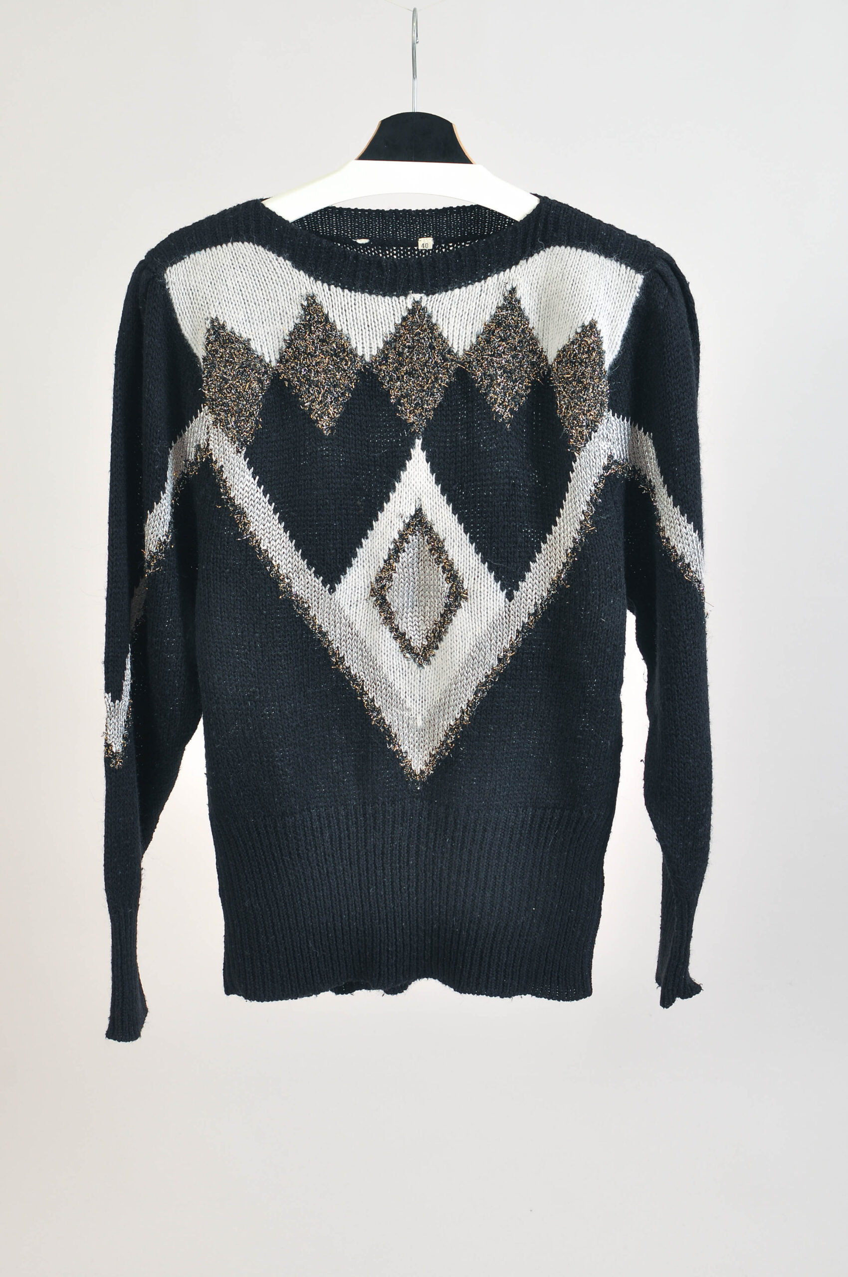 Vintage 80s Black & Silver Retro Jumper | Size 40 | Unbranded