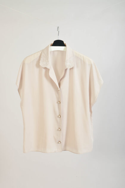 Vintage 80s Beige Polyester Blouse | Fits XL