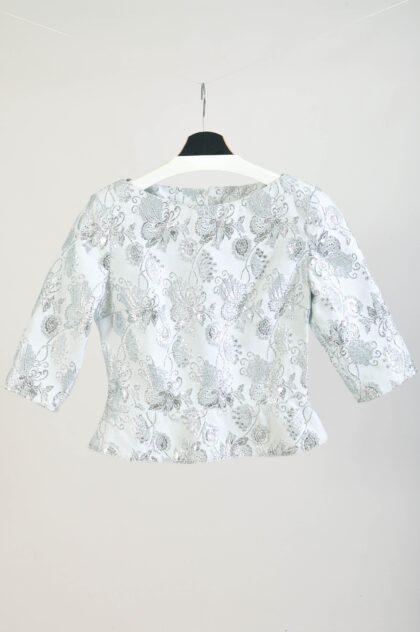 Handmade Silver White Peplum Blouse – Vintage Fabric – S