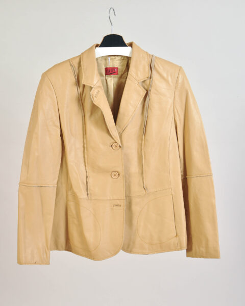Vintage 00s Beige Real Leather Blazer Jacket – 42