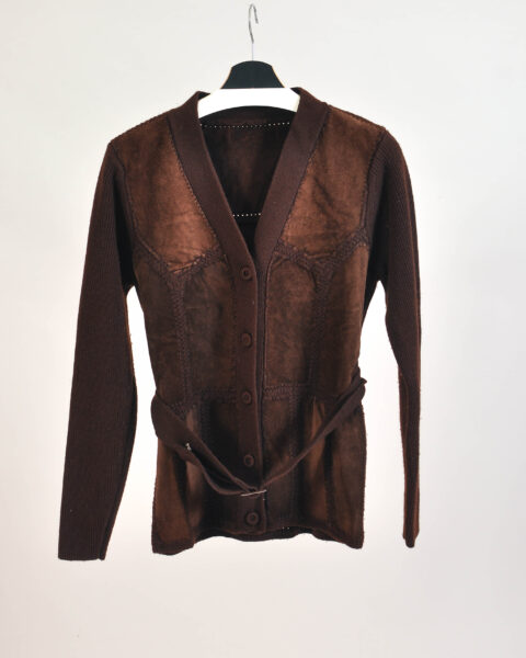Vintage 90s Brown Cardigan with Suede Leather Details – M/L