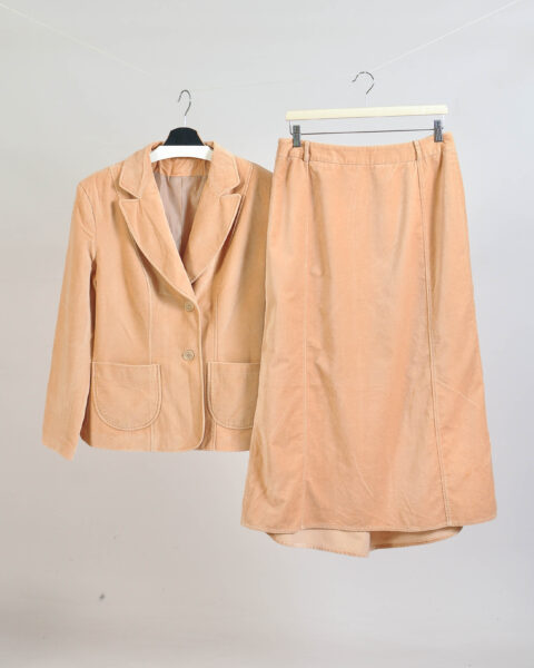 Vintage 00s Beige Velvet Skirt Suit - XL