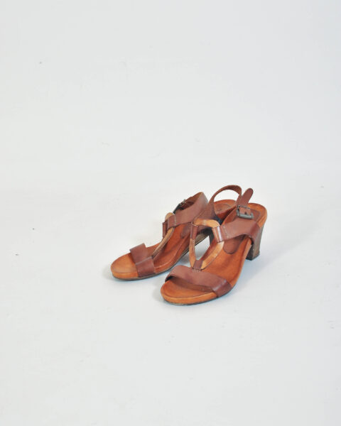Vintage 00s Brown Leather Mid Heel Sandals - 37