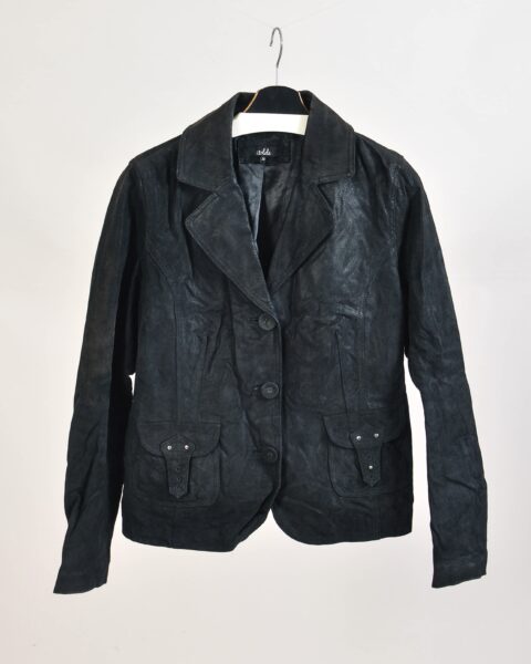 Vintage Y2K Black Suede Leather Blazer Jacket - 38